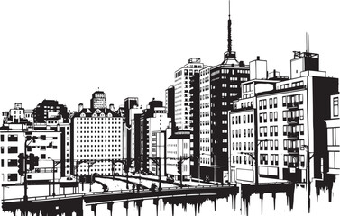 Obraz premium City landscape. Different buildings on street, outline cityscape hand sketch, flat houses. Hand drawn vector illustration
