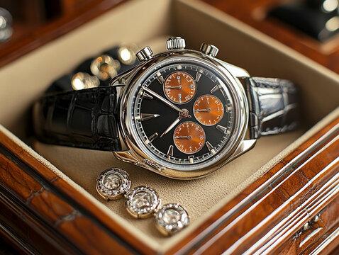 Close up of stylish wristwatch intricate design featuring customizable dial resting on luxurious leather tray matching cufflinks nearby creating sophisticated setting.