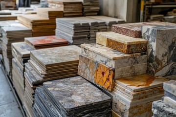 Stone slabs showcasing diverse colors and textures are neatly stacked, awaiting selection and use in construction or renovation projects