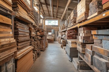 Fototapeta premium Large warehouse storing various types of wood planks, lumber, and timber, ready for carpentry and construction projects