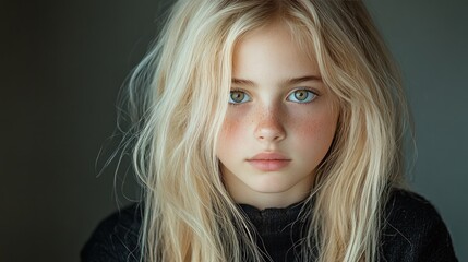 Fototapeta premium Blonde girl portrait with long hair in watercolor painting