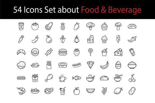 Simple Black Line Art Icons Representing Various Food Items