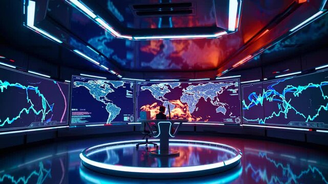 Global command hub tracks real-time analytics. Circular platform houses digital monitoring stations with world map projections. Static wide shot of neon-lit environment
