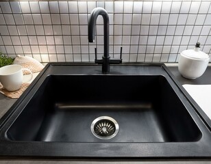a black sink is placed on a counter next to a white vase and a white cup the sink is clean and shiny