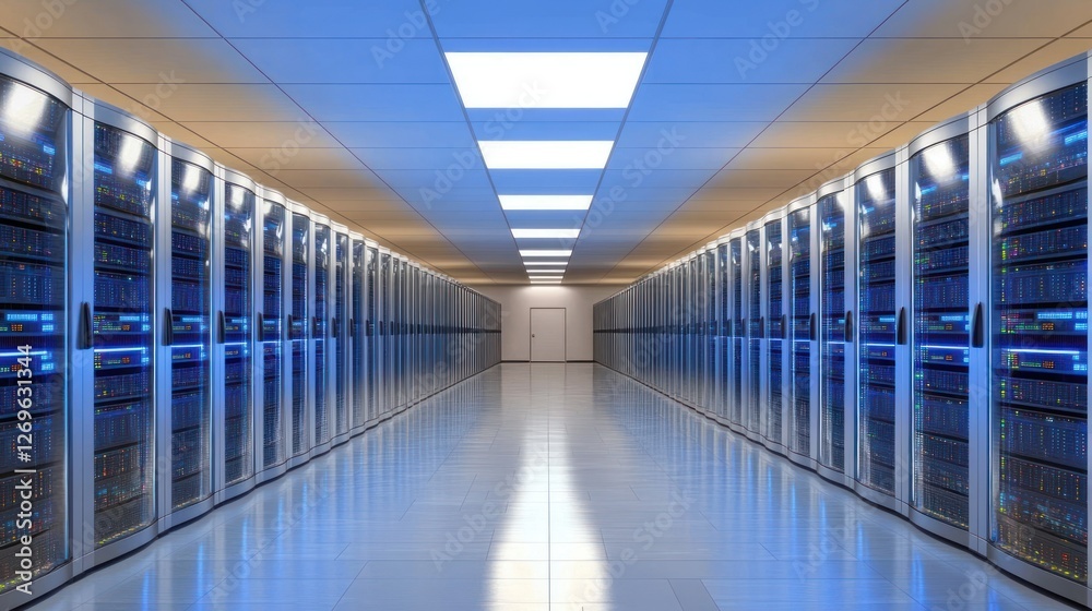 Poster long clean data center hallway filled with server racks