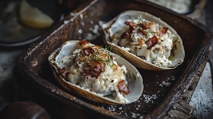 Clams casino topped with breadcrumbs, bacon, and Parmesan cheese on a tray