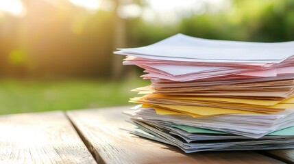 Colorful Paper Stack on Wooden Table in Sunlight