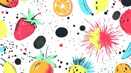 Whimsical Cartoon Fruits Exploding Like Fireworks, Vibrant Neon Shades, Digital Art, Fun Environment, Playful Concept
