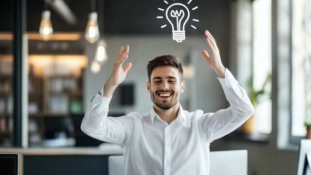 young male office employee feeling happy released after getting spontaneous idee symbolized by white light bulb illustration