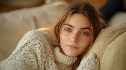 Woman relaxing cozy sweater indoors sunlit couch