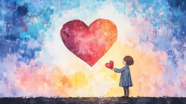 Vibrant Watercolor Painting of Person Holding Heart, Symbolizing Love and Emotion