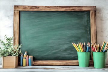 Classroom Green Blackboard for Chalk with Wooden Frame and Chalk Marks, Isolated on White Background