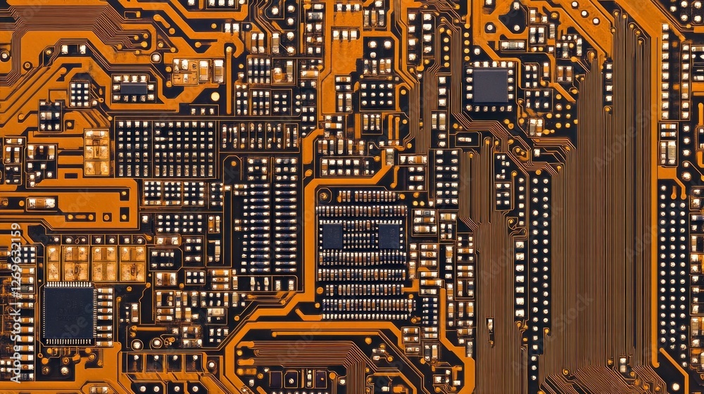 Poster closeup view of an orange printed circuit board
