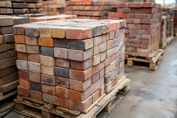 Stacks of colorful reclaimed bricks sitting on wooden pallets in a warehouse, ready for construction projects