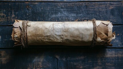 Fototapeta premium Old paper scroll tied with rope lying on wooden table
