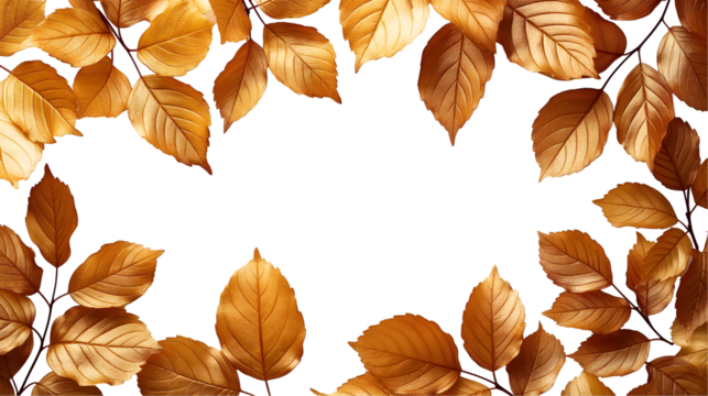 Golden Autumn Leaves Frame Elegant Design, Floral Border for Fall Nature Themes, isolated on transparent background.