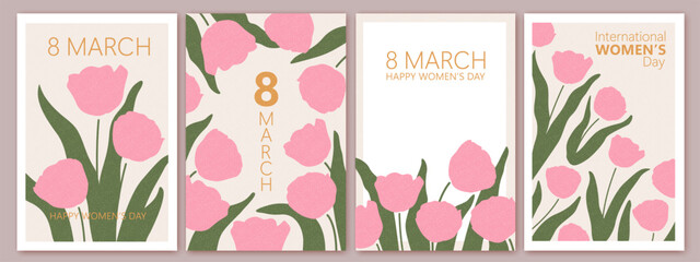 Spring flowers. 8 March, women's day, mother's day holiday cards set. Bright colorful botanical background, pattern. 