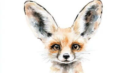 Adorable Fennec Fox portrait, watercolor painting.
