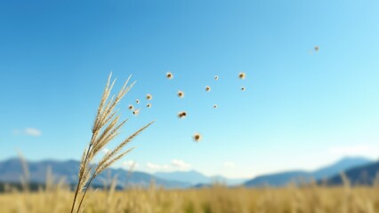 Obraz premium Pollen allergy symptoms, Clear blue sky distant mountains pollen grains floating in air photorealistic close-up.