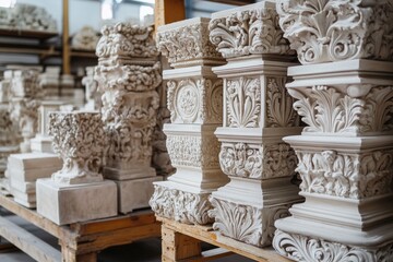 Fototapeta premium Plaster architectural elements showcasing intricate floral and acanthus leaf designs, ready for placement in a building restoration or new construction project