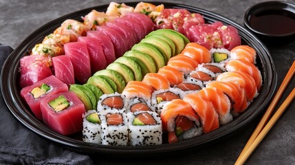 A colorful sushi platter featuring tuna, salmon, and avocado rolls, placed on a black ceramic plate with soy sauce and chopsticks on the side
