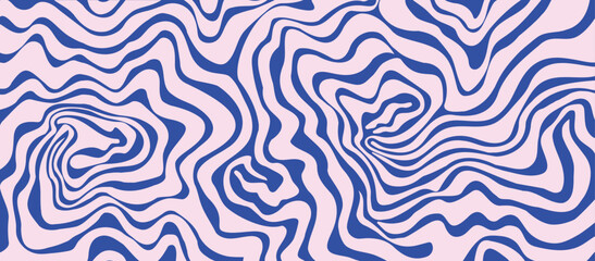 Abstract background  with colorful waves. Psychedelic groovy trippy y2k retro seamless pattern in blue and pink colors. Wavy and swirled brush strokes liquid background for packaging. 
