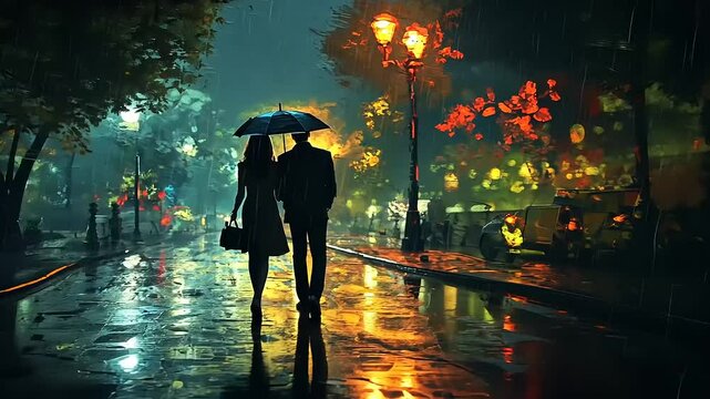 Romantic couple walking under an umbrella in a rainy park, illuminated by streetlights and colorful foliage