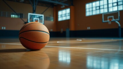 Basketball on Hardwood Court in Indoor Gym