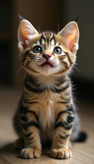 Adorable tabby kitten gazing up with wide eyes, gazing, tabby kitten