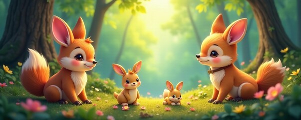 Naklejka premium Adorable woodland creatures in a cozy forest setting, cute, adorable