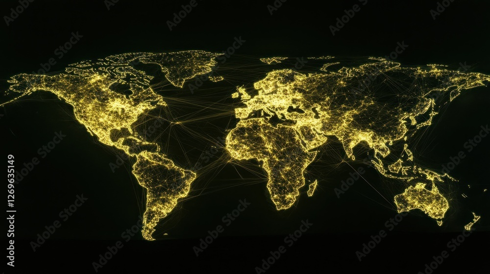 Poster world map illuminated with golden connections on dark background