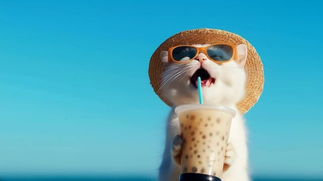 Charming cat in sunglasses and straw hat enjoys refreshing drink at beach this summer.