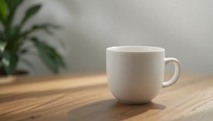 Obraz premium Empty White Coffee Mug On Wooden Table With Plant In Background