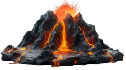 Volcano Eruption 3D Lava Flow, Fiery Rocks for Dramatic Nature Scenes, isolated on transparent background.