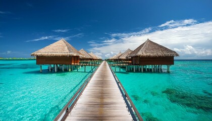 tropical paradise wooden walkway leads to luxurious overwater bungalows with thatched roofs blue water and white sand