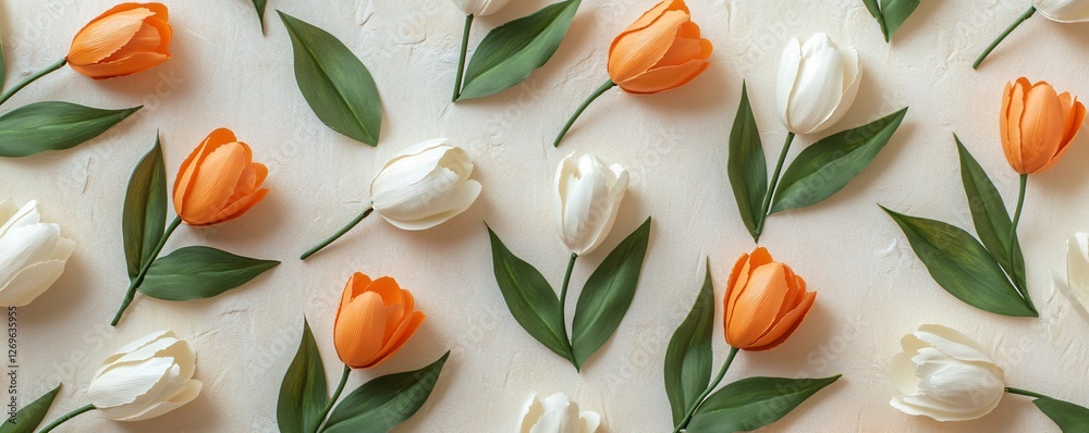 Poster spring floral pattern with orange and white tulips on light background