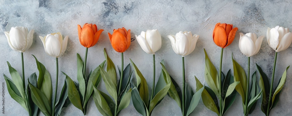 Poster Row of white and orange tulips lying on a concrete background