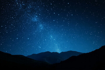 Naklejka premium Night starry sky. Landscape with mountain silhouette and milky way galaxy, night space photography with comet and moon