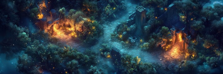 Enchanting Ruins Illuminated Within a Lush Forest