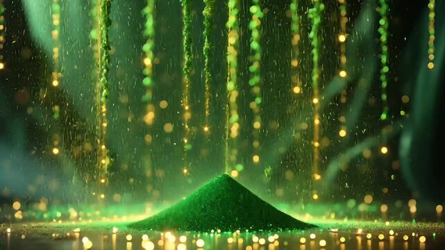 Green digital rain falling over a futuristic landscape with glowing cyber elements and abstract code
