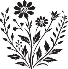 a set of black and white flowers on a white background