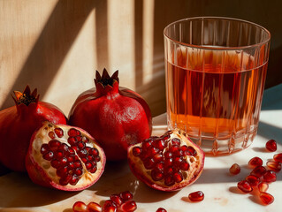 A sliced pomegranate with sparkling juice spilling out, representing its rejuvenating effects for skin and heart health.