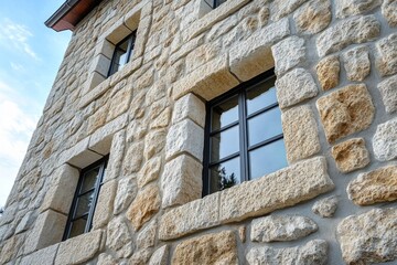 Rustic stone wall featuring modern windows, creating a blend of traditional and contemporary architecture in a country house