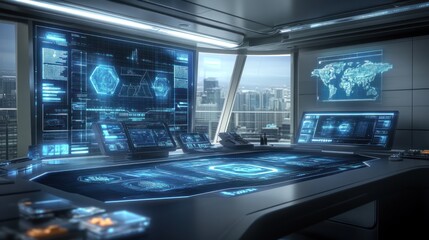Obraz premium Futuristic control center displays holographic information with city view