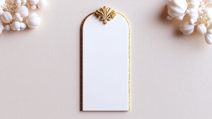 Elegant blank invitation card design with shell motif studio setting minimalist style close-up view