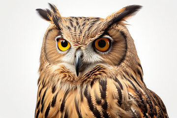 Fototapeta premium Eurasian Eagle-Owl close-up portrait on a white background.