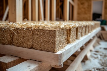 Straw bales forming wall insulation in sustainable wooden house construction