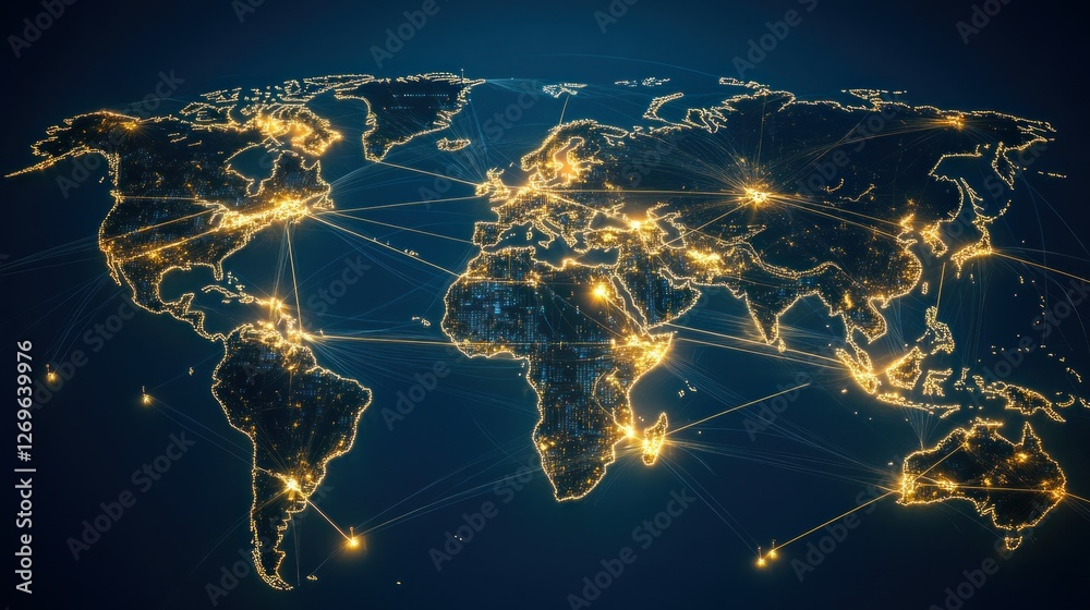 Poster World map illuminated with interconnected data network lines shining brightly