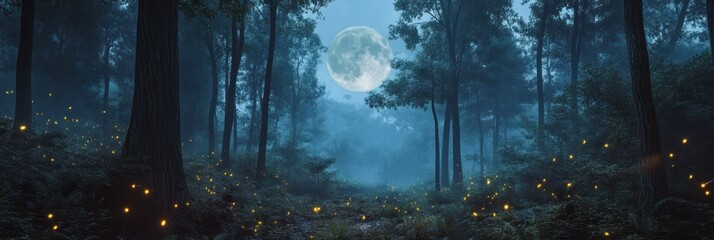 Fototapeta premium Moonlit Forest Path With Glowing Fireflies