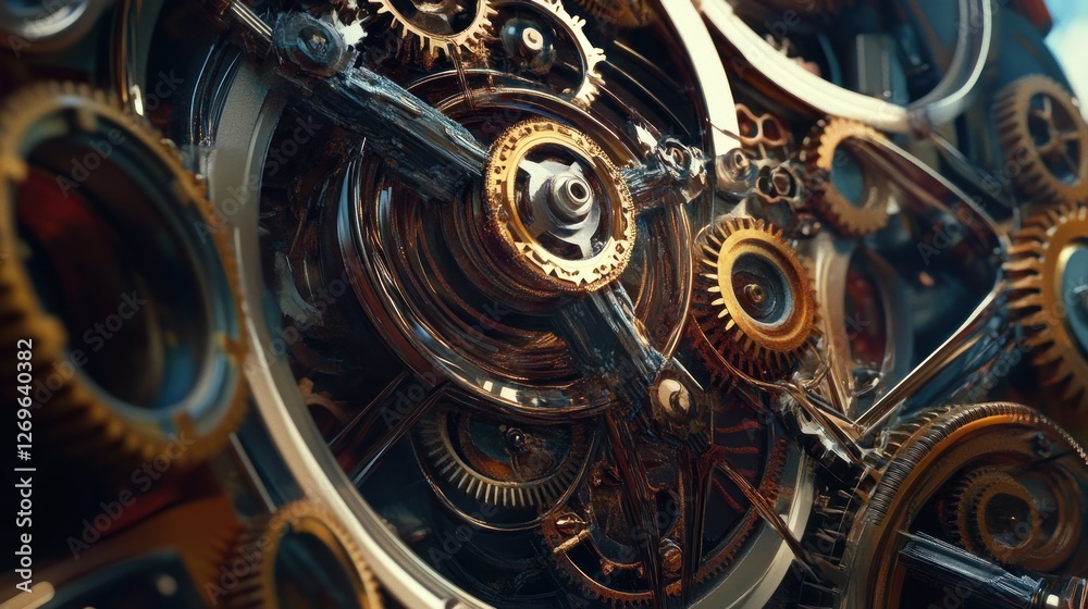 Poster intricate golden gears mechanical clockwork system